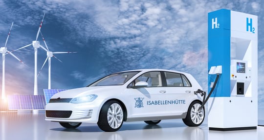 Isabellenhütte-Logo auf Tankstelle Kraftstoffzapfsäule. H2 Verbrennungsmotor für emissionsfreien, umweltfreundlichen Transport