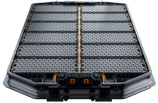 Front view of a generic EV battery pack with orange terminals, isolated on a black background